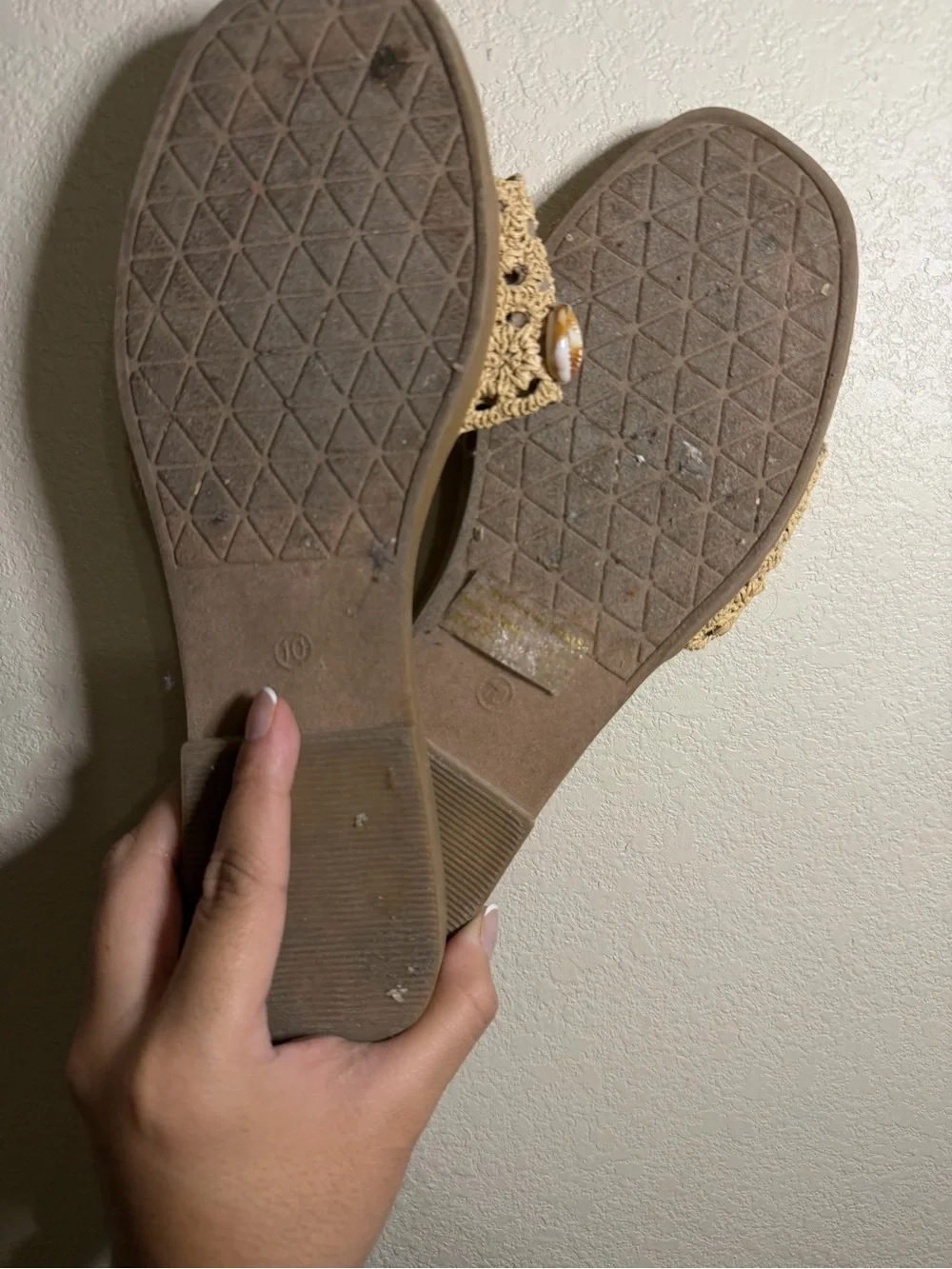 Fashion Nova Tan Crochet Slide Sandals with Shell Accents